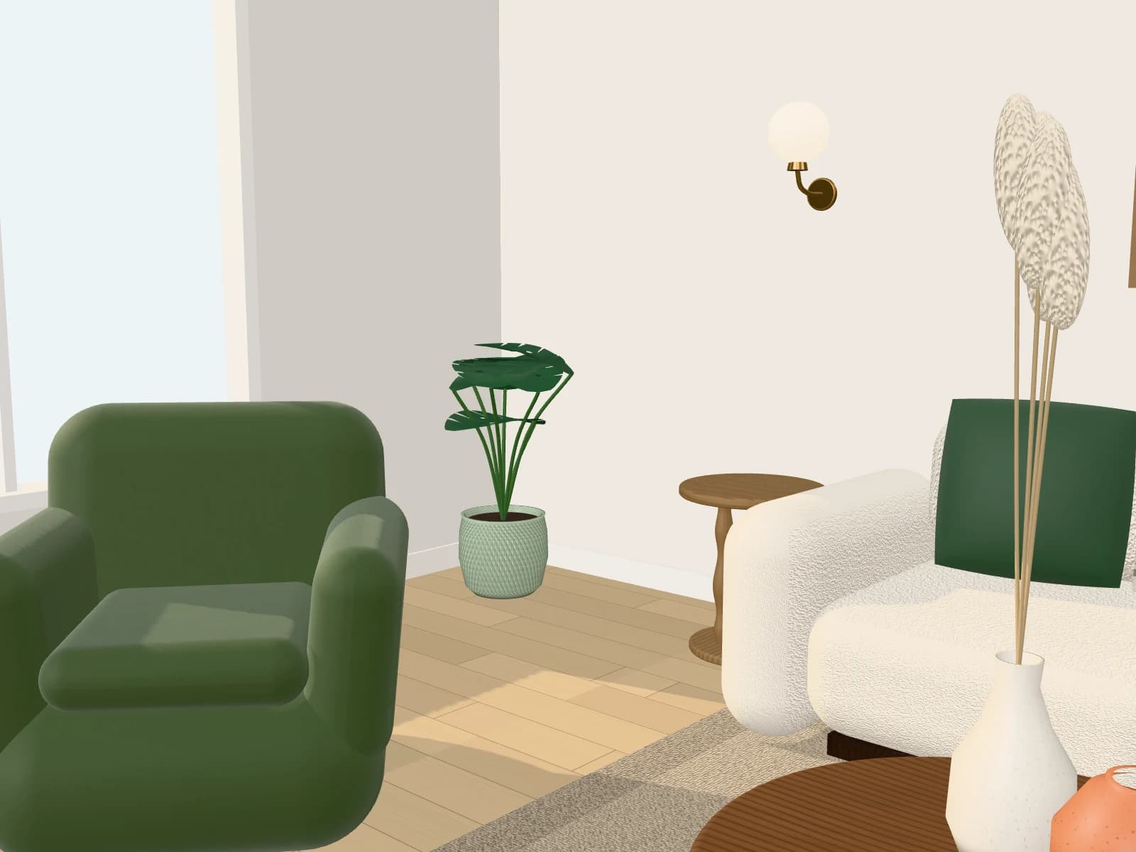 Our studio styling with oak, bouclé and sage tones