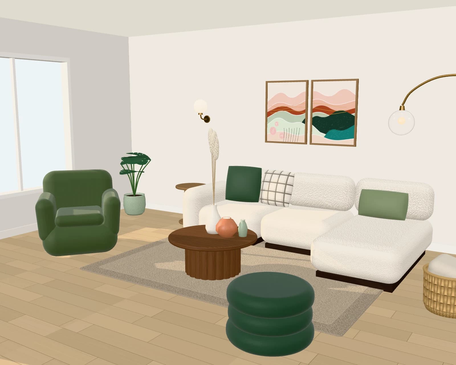 A calm living room with a bouclé sofa, moss lounge chair, oak coffee table and abstract art